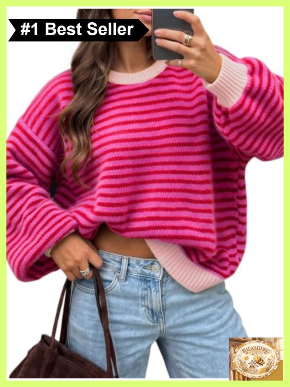 Womens Oversized Striped Pullover Sweater Contrast Stripe Batwing Sleeve